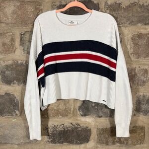 Hollister Sweater Women's Small Striped Knit Crew Neck Cropped White Boxy Casual